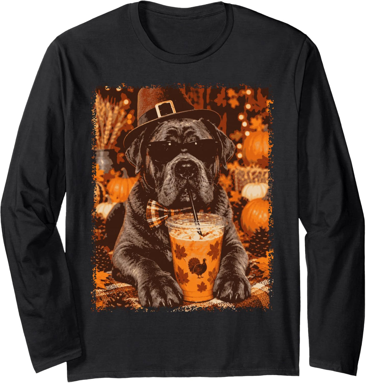 Thanksgiving Mastiff Dog Pilgrim Hat Sunglasses Coffee Long Sleeve T-Shirt - Adult Unisex Black