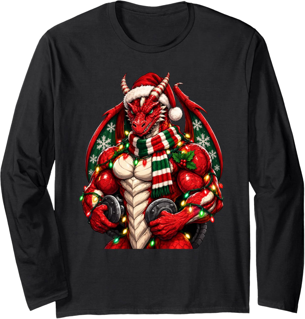 Muscular Dragon Powerlifting Gym Workout Christmas Xmas Long Sleeve T-Shirt - Adult Unisex Black