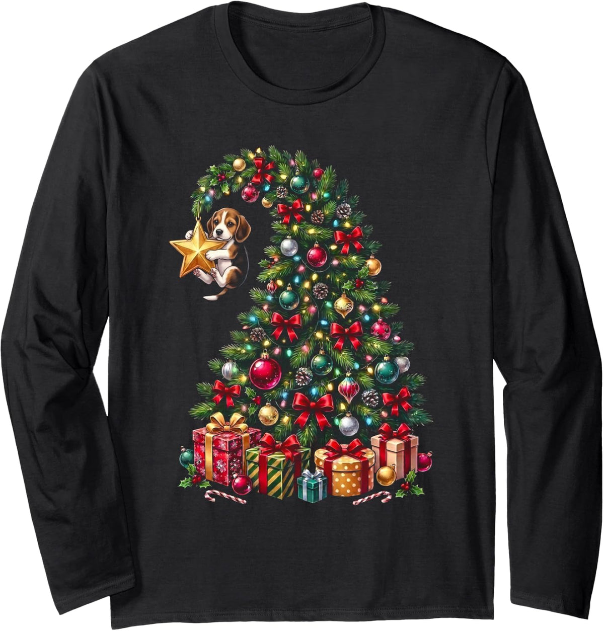 Beagle Hanging from Christmas Tree Festive Funny Pet Long Sleeve T-Shirt - Adult Unisex Black