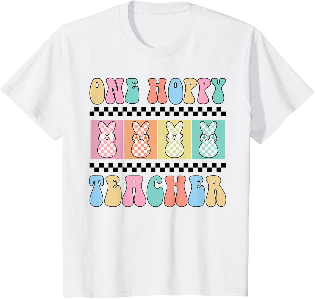 One Hoppy Teacher Bunny Easter Day Groovy Retro Boy Girl T-Shirt - White