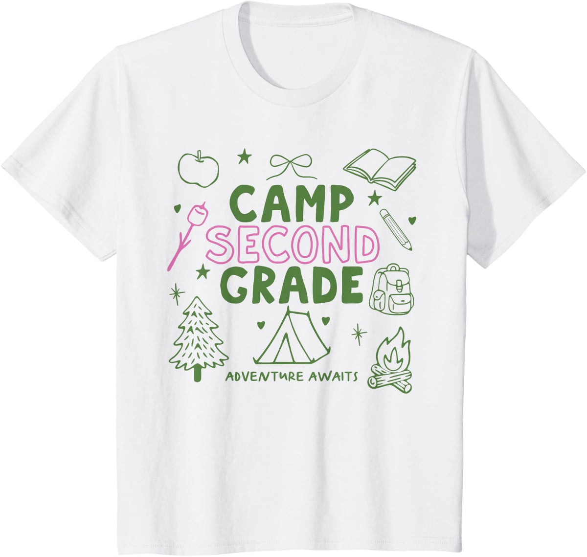 Camp Second Grade Teacher Tee Camping Hiking Adventure Awaits T-Shirt for Teachers - White