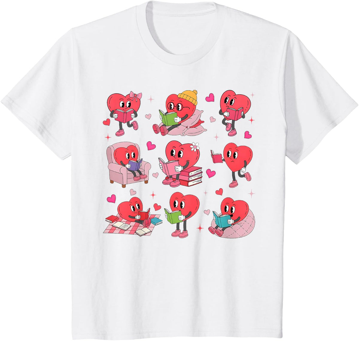 Hearts Reading Book Lovers All Booked for Valentine T-Shirt - White