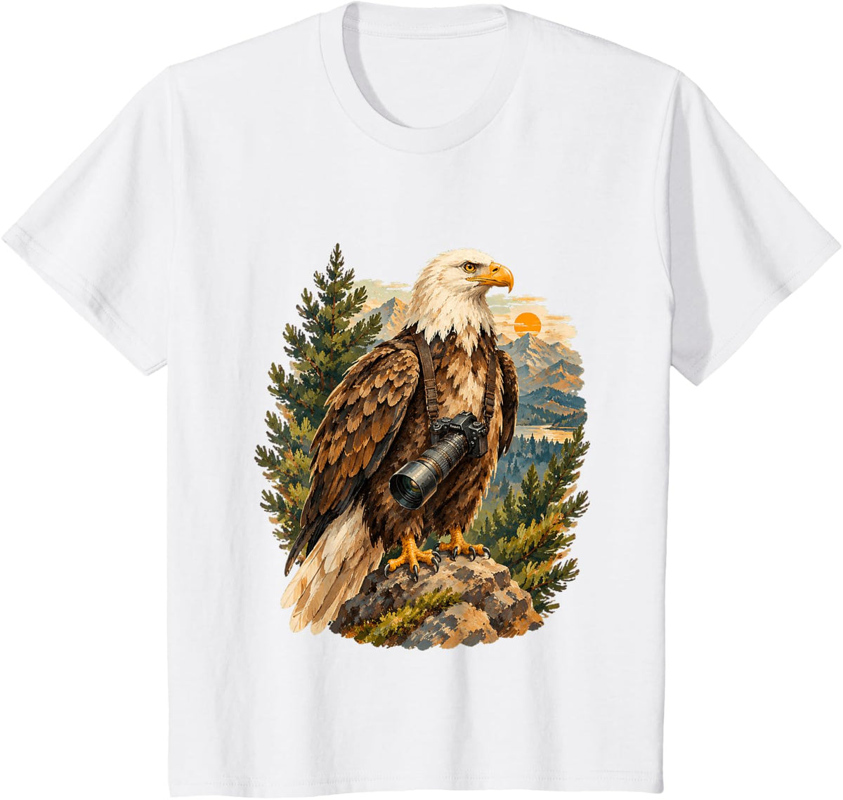 Bald Eagle Photographer with Camera Lens Birdwatcher T-Shirt - White