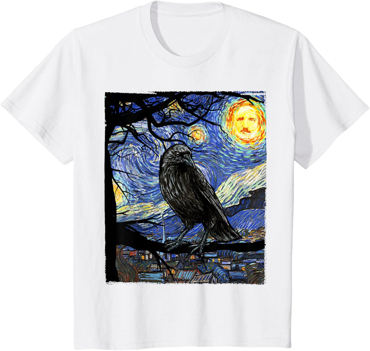 Raven Art, Starry Night Edgar Allan Poe, Raven, Poe T-Shirt - White