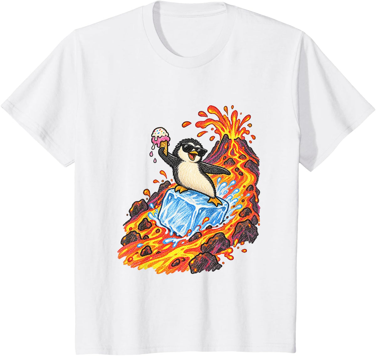 Penguin Surfing Volcano Funny Animal Meme T-Shirt - White