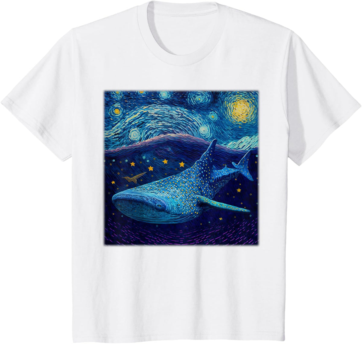 Starry Night Whale Shark Tee Surrealism Trippy Ocean Art T-Shirt - White