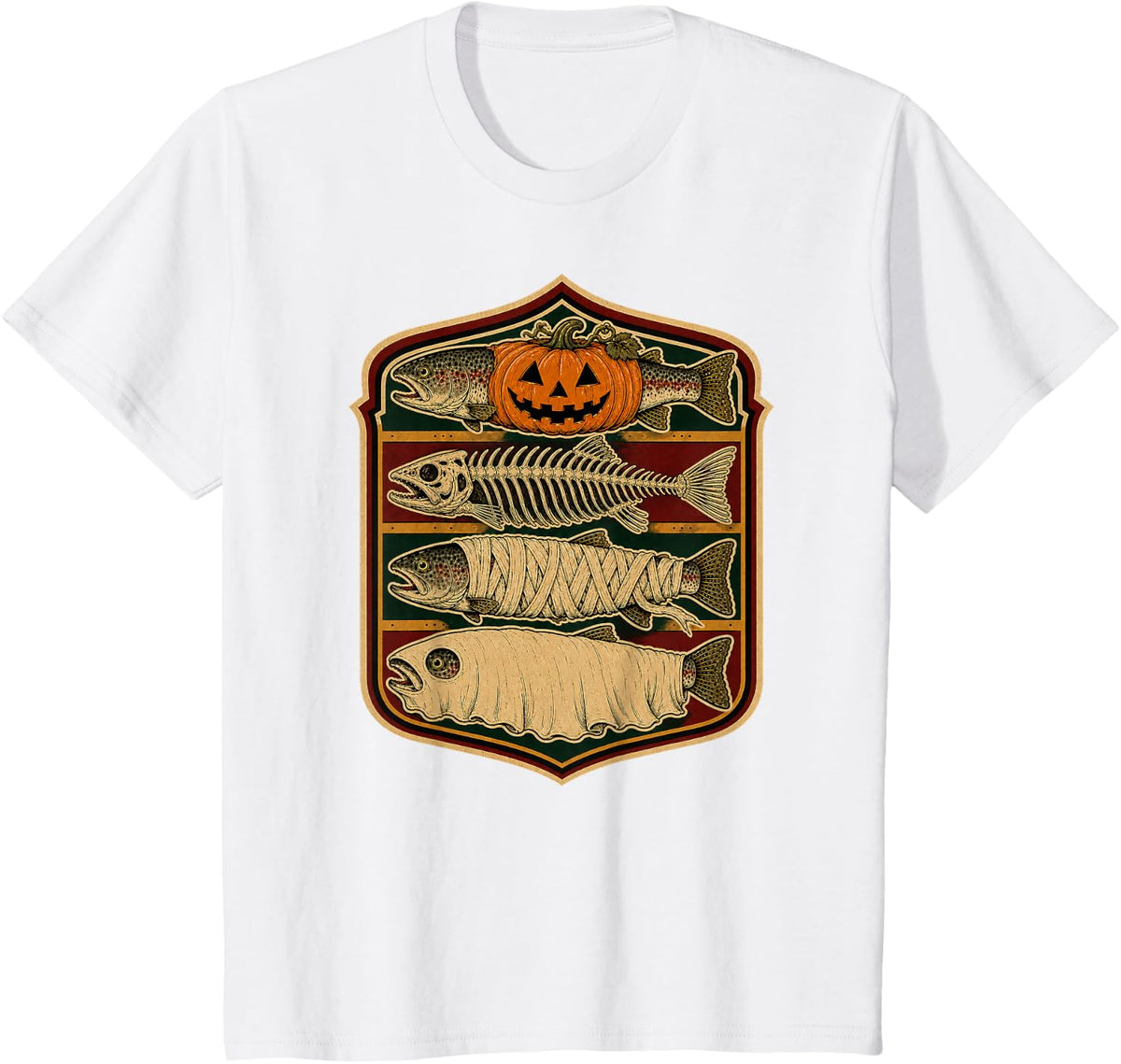 Halloween Trout Skeleton Fish Pumpkin Mummy Fishing Crest T-Shirt - White