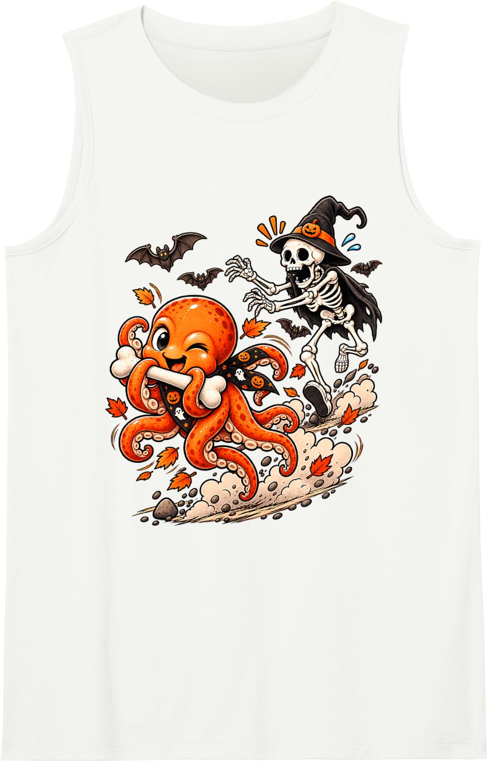 Funny Octopus Chased by Witch Skeleton Halloween Men Women Tank Top - White