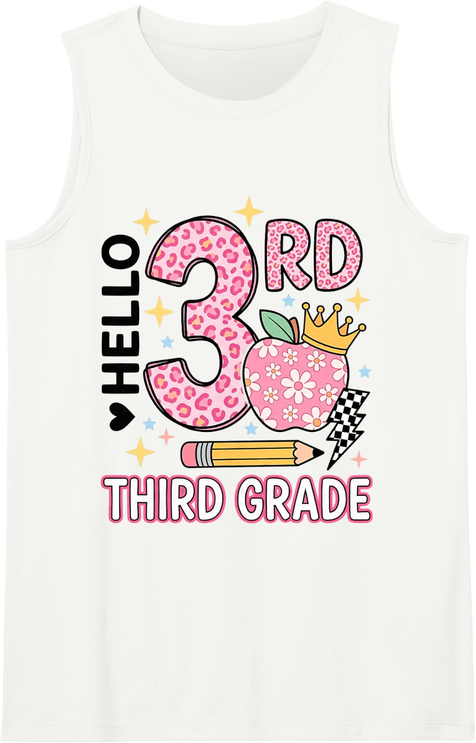 Hello 3RD Third Grade Leopard Back to School Teacher Sleeveless Tank Top - White