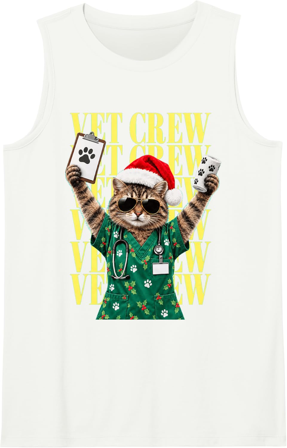 Vet Crew Christmas Cat for Vet Nurse Veterinarian Office Sleeveless Tank Top - White