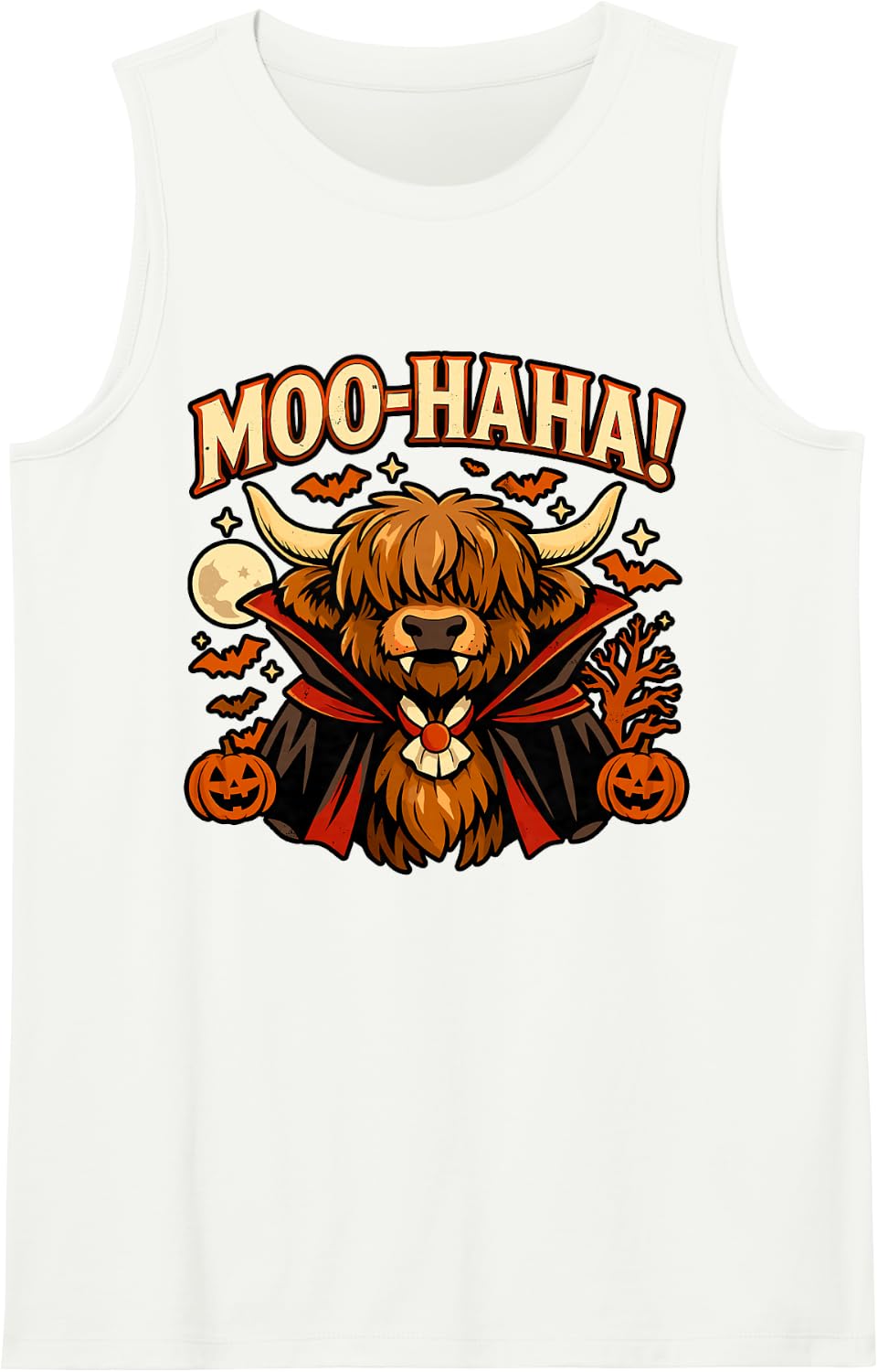 Moo Haha Vampire Highland Cow Funny Halloween Sleeveless Tank Top - White