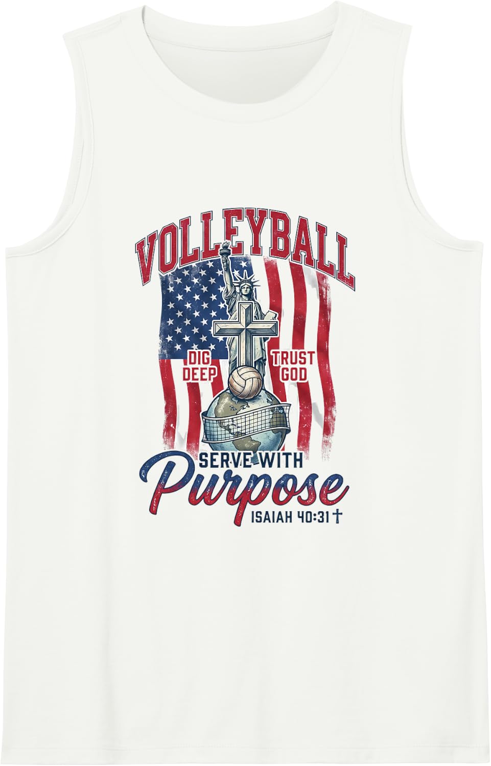 Volleyball Tshirt Christian Jesus Isaiah 40:31 American Flag Sleeveless Tank Top - White