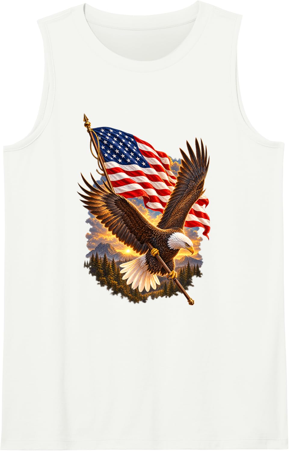 Patriotic Bald Eagle Soaring American Flag USA Mountains Sleeveless Tank Top - White