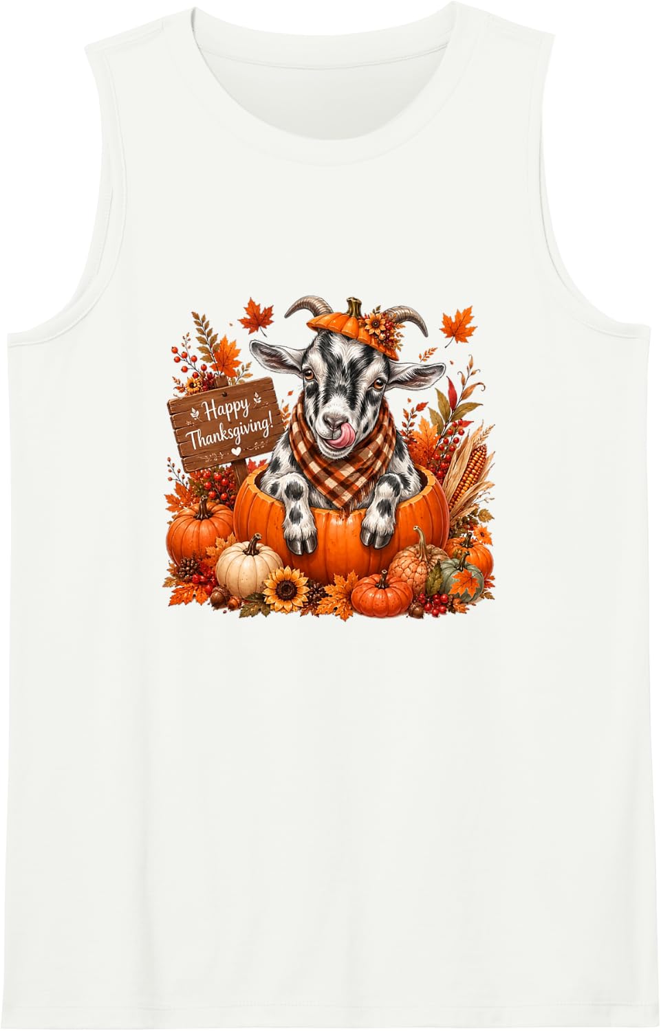 Goat Inside Pumpkin Fall Leaves Thanksgiving Owner Family Sleeveless Tank Top - White