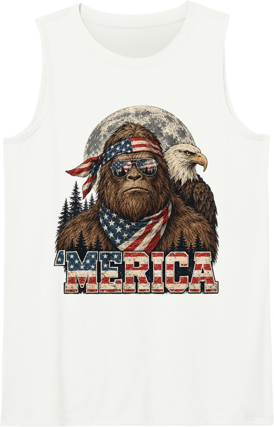 Patriotic Bigfoot Sasquatch American Flag Eagle Cryptid Gift Sleeveless Tank Top - White