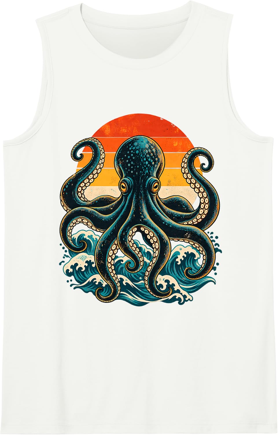 Retro Sunset Octopus Coastal Wave Ocean Art Sleeveless Tank Top - White