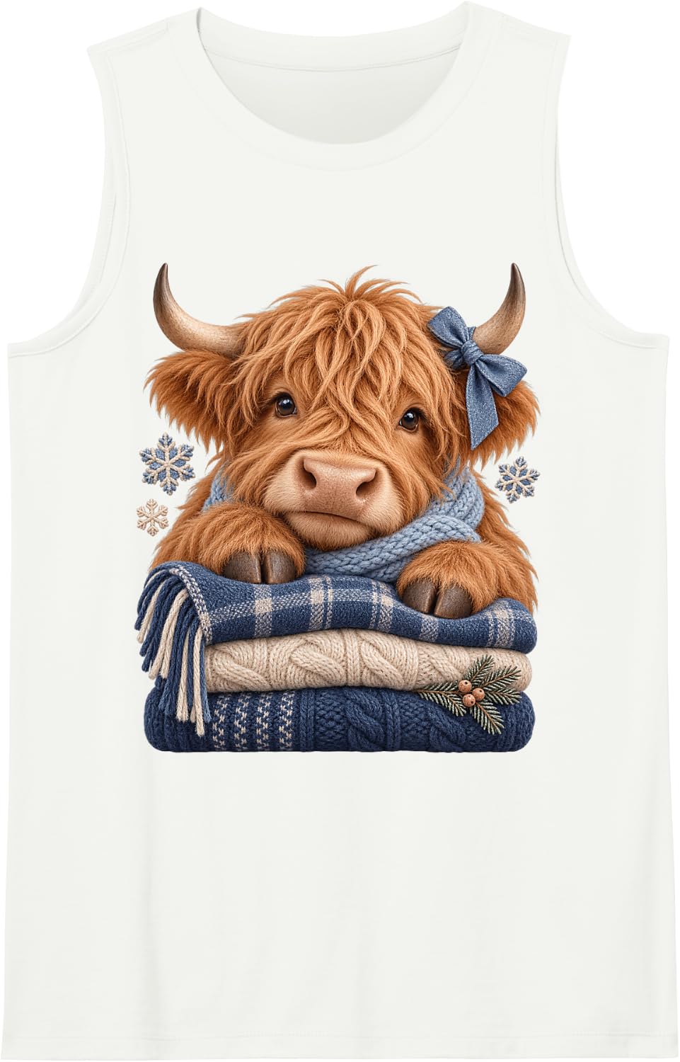 Cozy Highland Cow Winter Blue Scarf Farm Animal Lover Xmas Sleeveless Tank Top - White