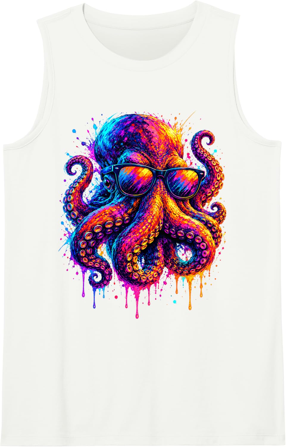 Music Abstract Art Colorful Octopus Wearing Sunglasses Sleeveless Tank Top - White