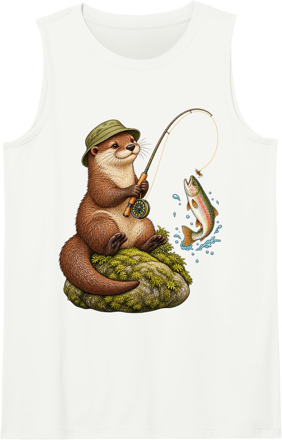 Cute Fishing Otter Trout Angler Nature Artwork Sleeveless Tank Top - White