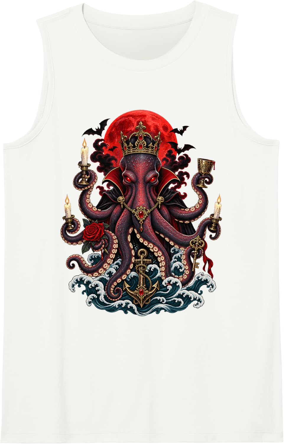 Gothic Octopus Sea Monster Halloween Horror Occult Sleeveless Tank Top - White