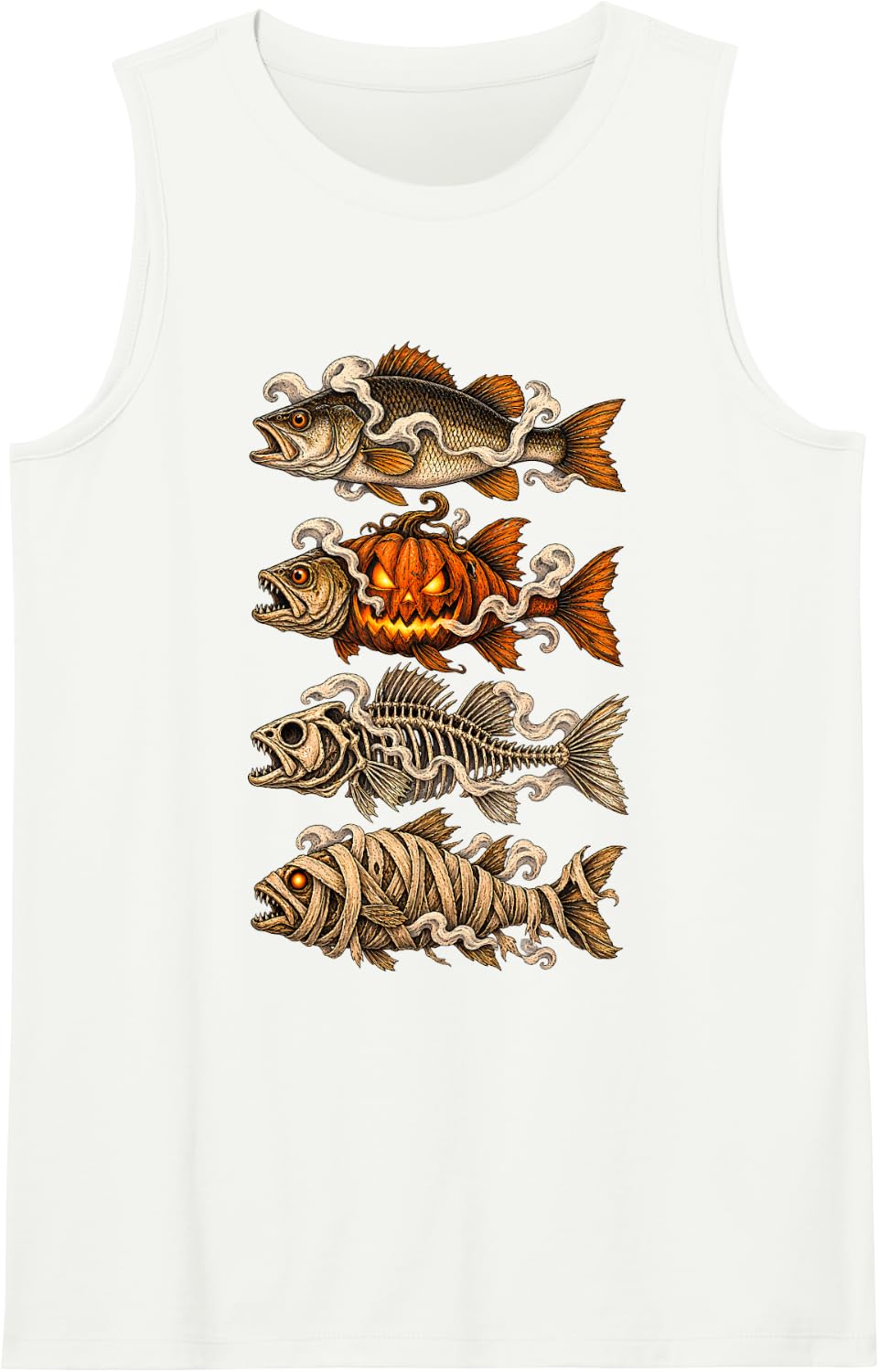 Halloween Trout Fish Ghost Pumpkin Skeleton Mummy Sleeveless Tank Top - White