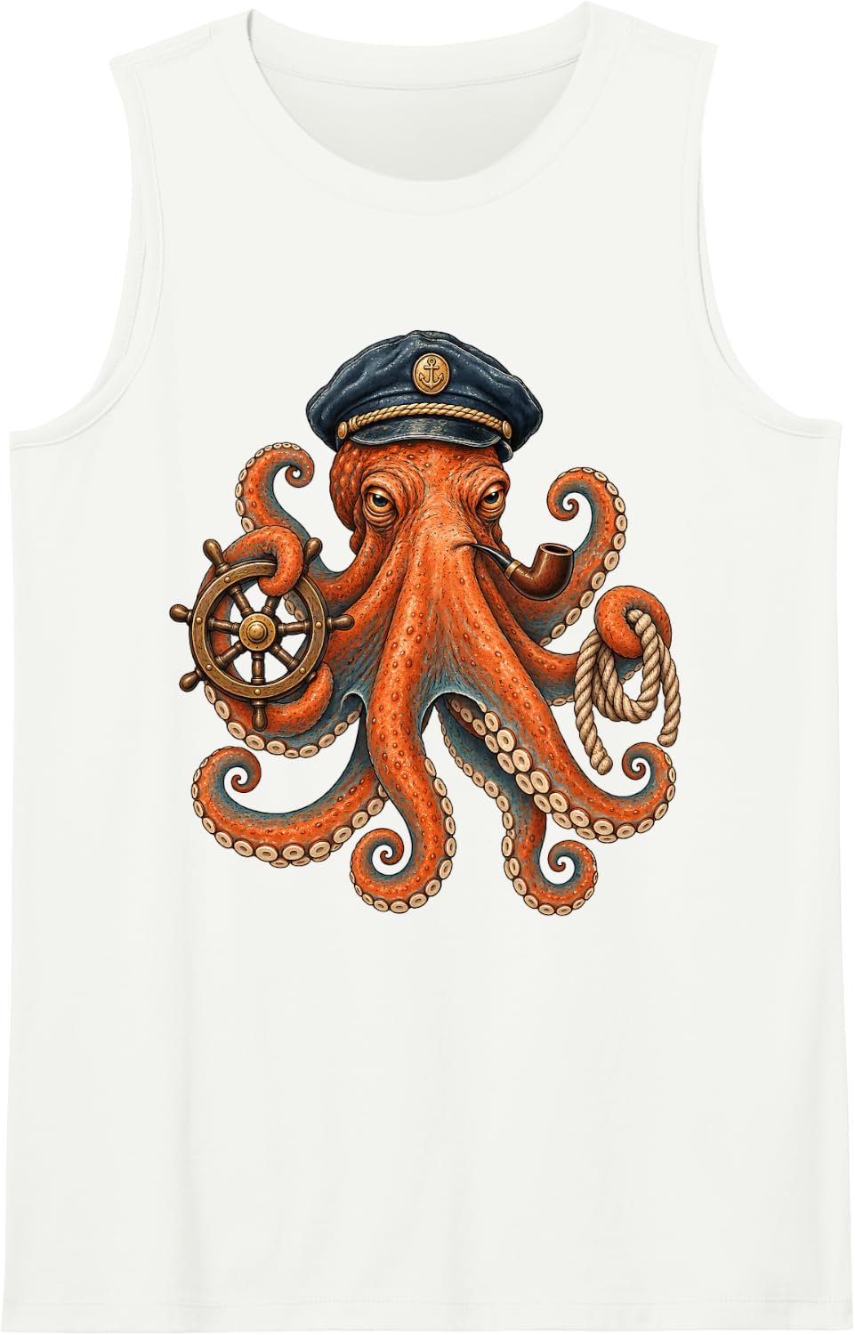 Captain Octopus Sailor Nautical Ship Wheel Ocean Sleeveless Tank Top - White