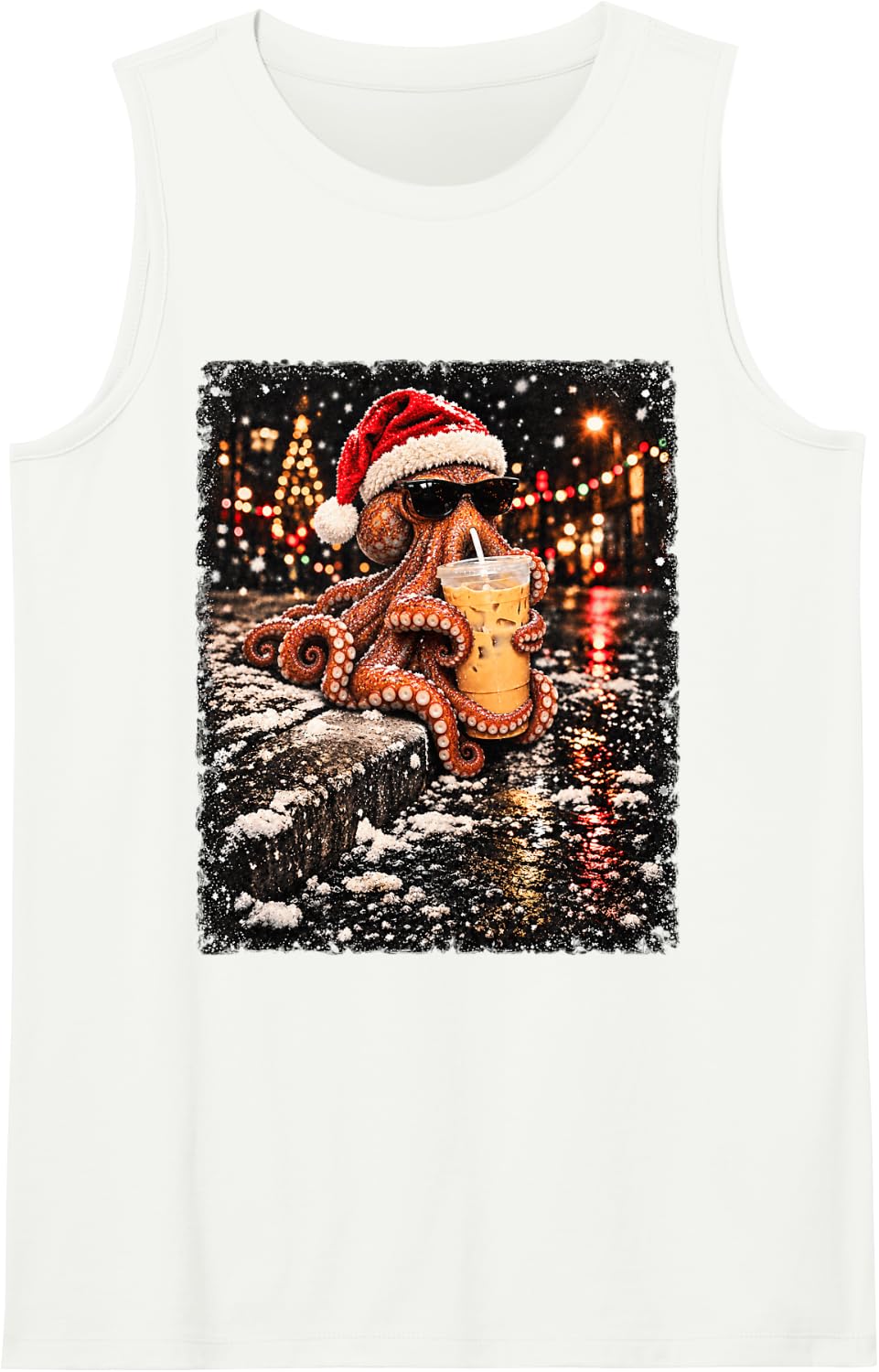 Funny Octopus Drinking Iced Coffee Christmas Animal Meme Sleeveless Tank Top - White