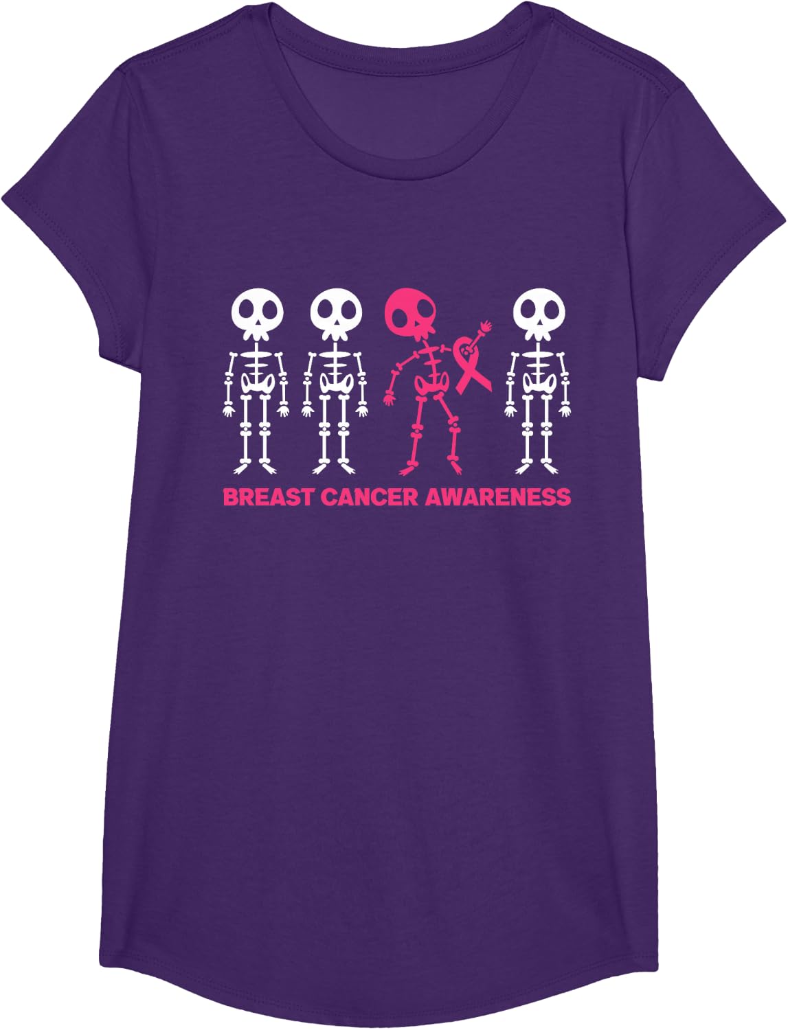 Breast Cancer Awareness Skeleton Pink Ribbon T-Shirt - Girls Purple
