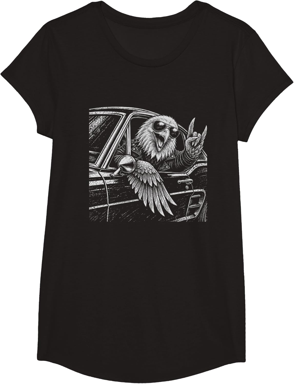 Bald Eagle Rock On Muscle Car T-Shirt - Girls Black