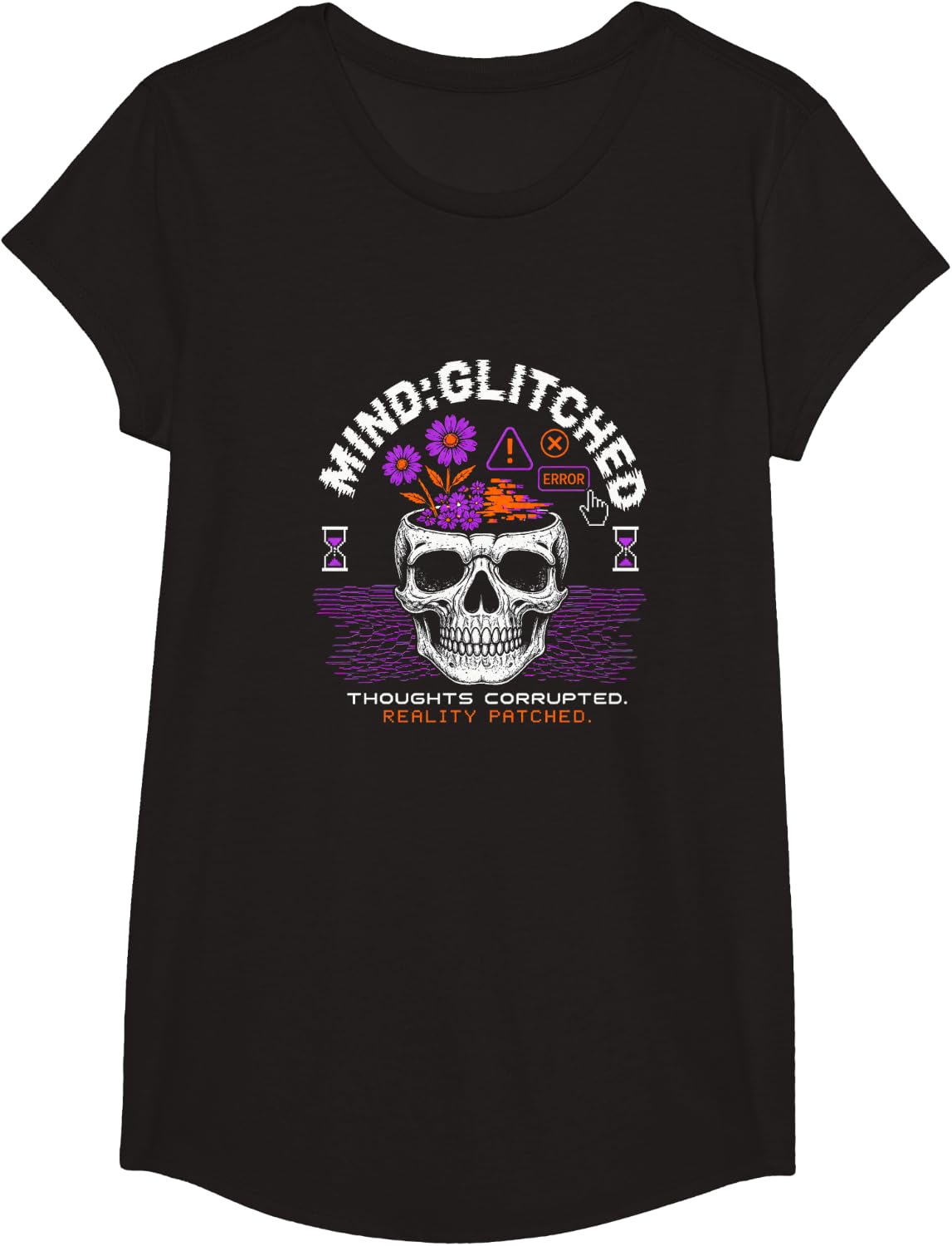 Mind Glitched Skull Error Dark Humor Cyberpunk Reality Quote T-Shirt - Girls Black