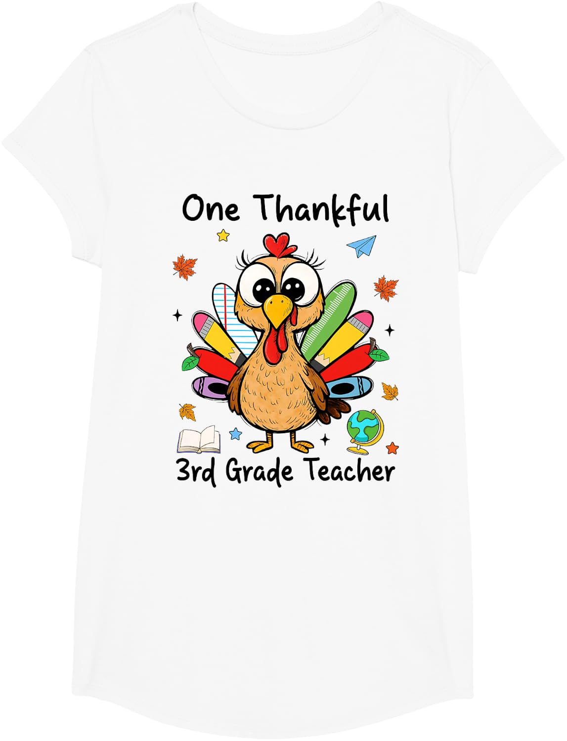Pencil Notebook Turkey One Thankful 3rd Grade Teacher T-Shirt - Girls White