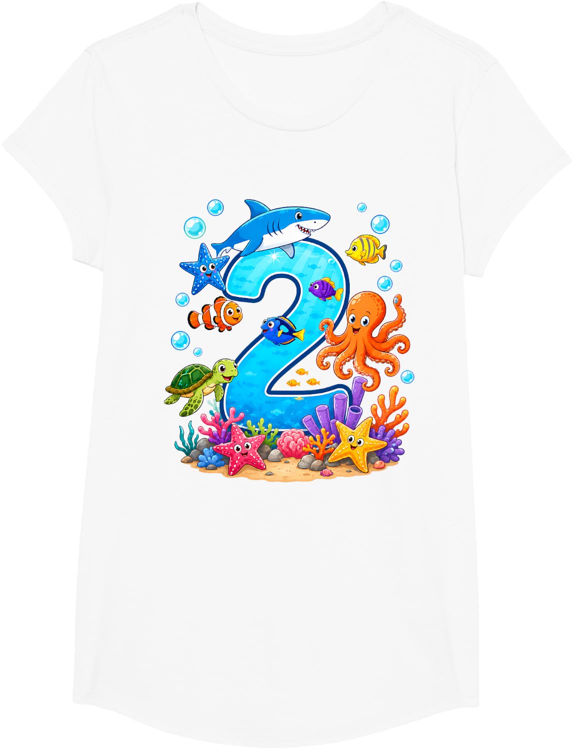 2nd Birthday Ocean Sea Animals 2 Years Birthday T-Shirt - Girls White