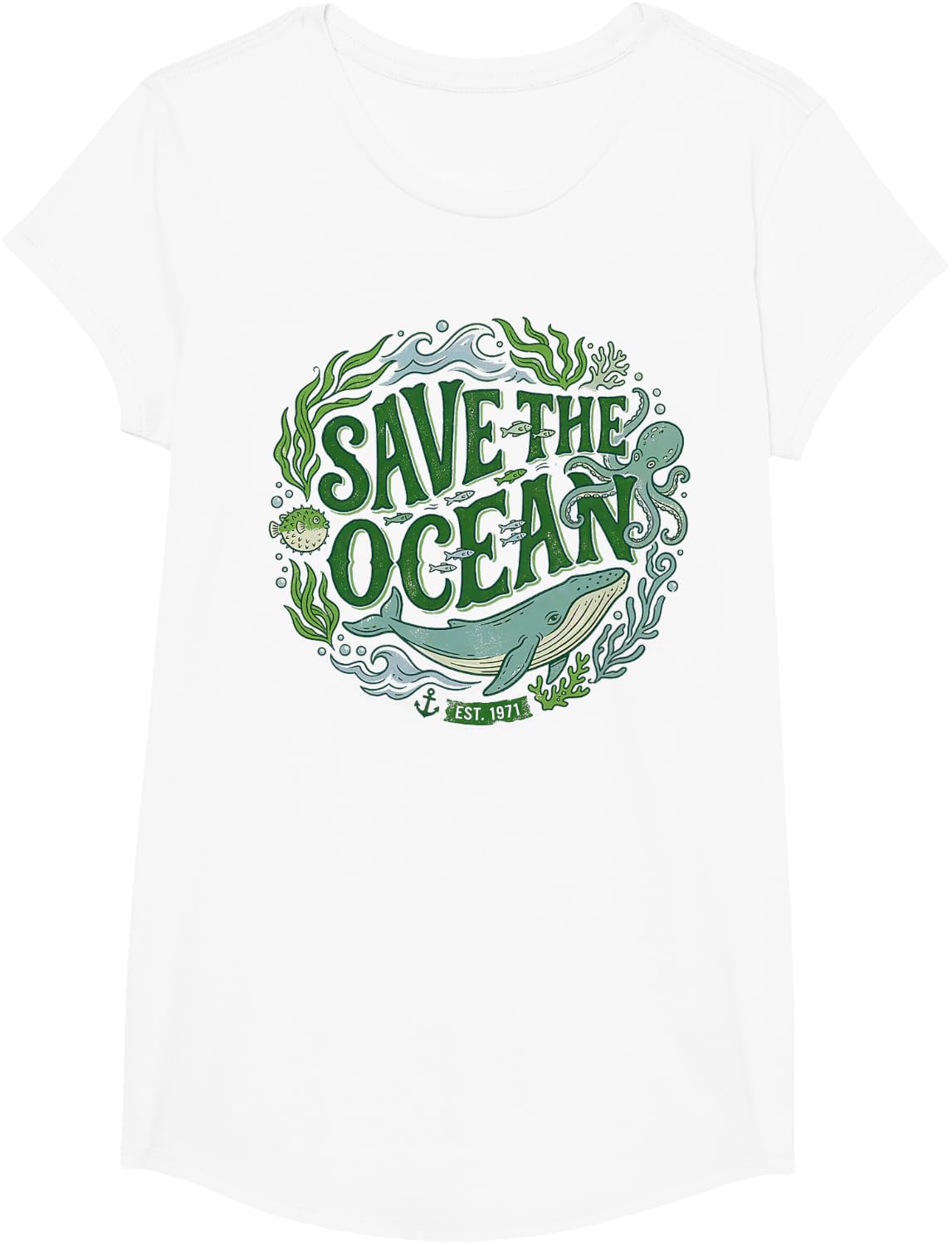 Save The Ocean Retro Marine Life Whale Octopus T Shirts Earth Day Tees - Girls White