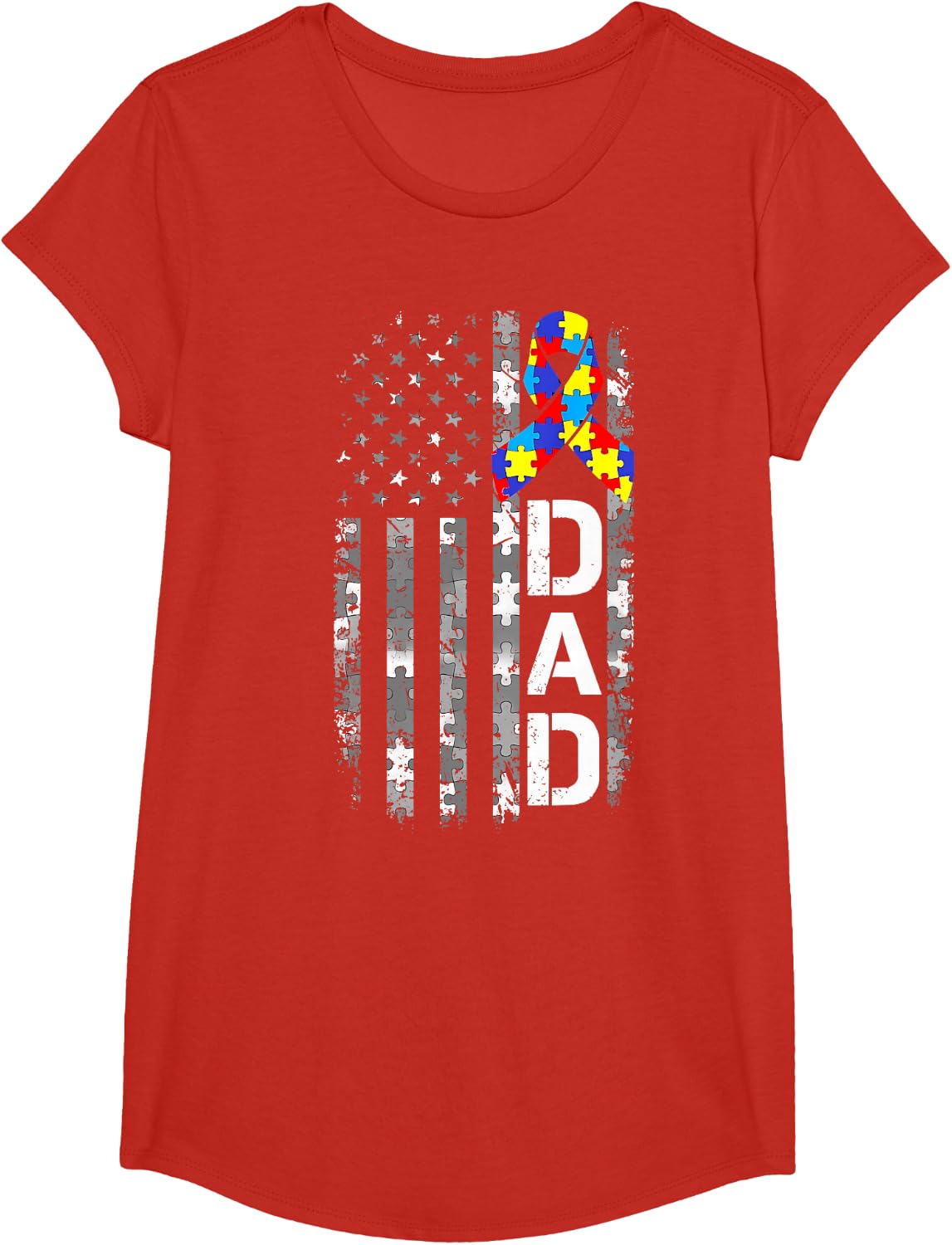 Autism Awareness Dad USA Flag Fathers Day T-Shirt - Girls Red
