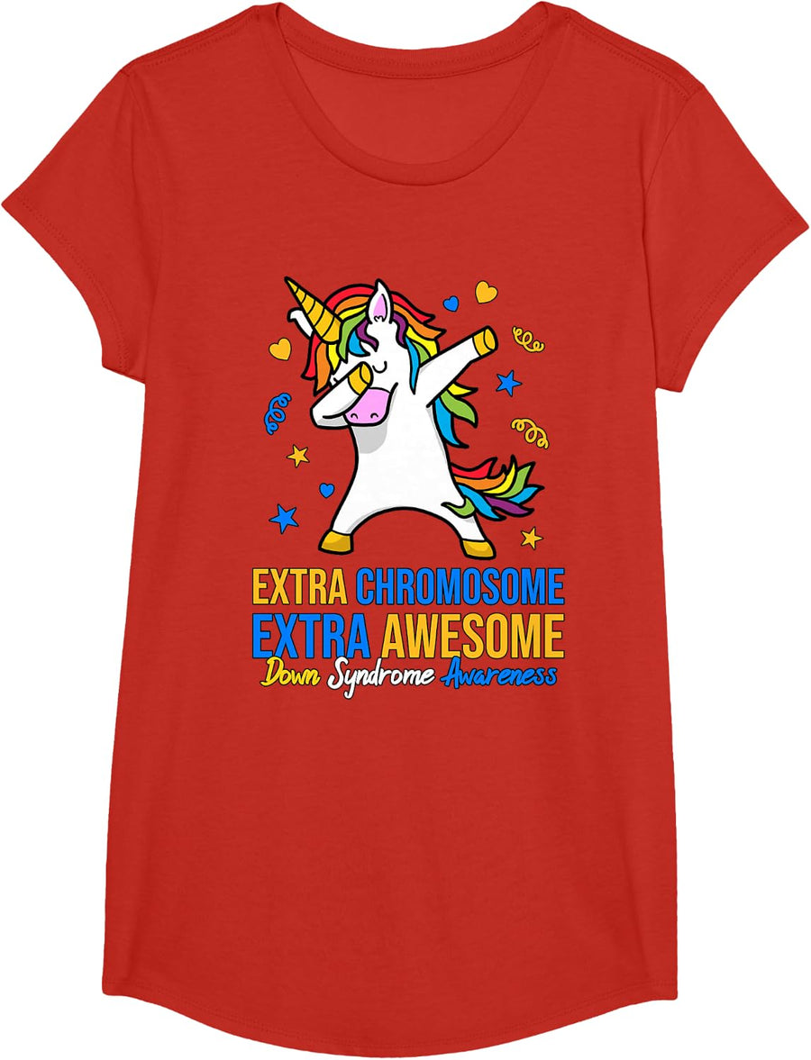 Extra Chromosome Down Syndrome Awareness Awesome Unicorn T21 T-Shirt - Girls Red