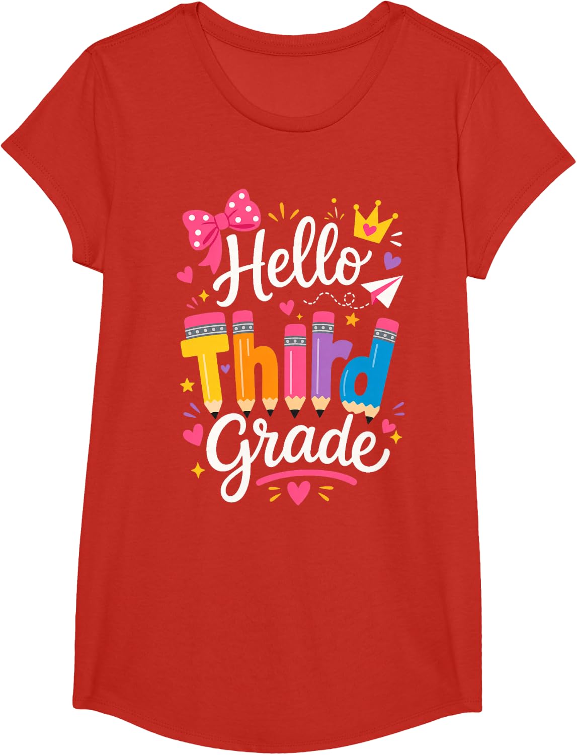 Hello Third Grade Coquette Bow Girls Back to School T-Shirt - Girls Red