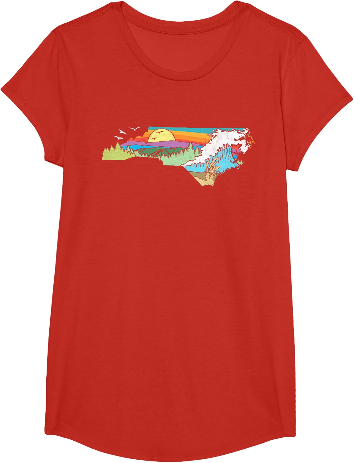 North Carolina Outdoors Retro Nature Lover Graphic T-Shirt Small - Girls Red