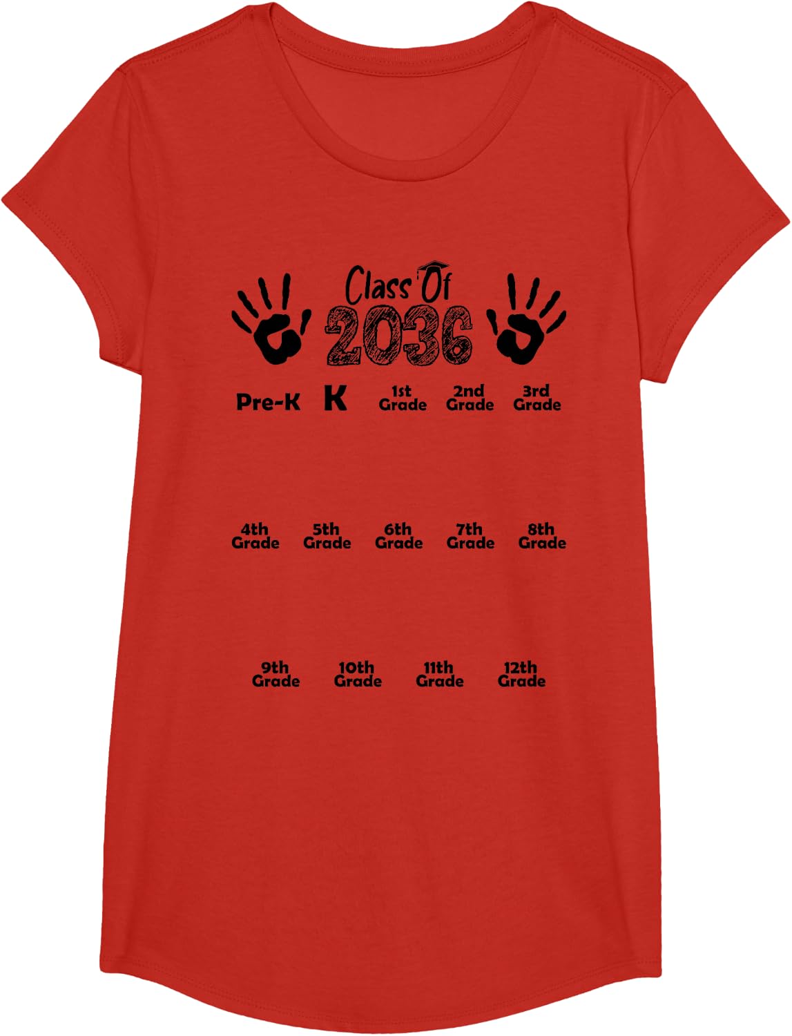Class of 2036 Grow With Me White Handprint Pre-K 12th Grade T-Shirt - Girls Red