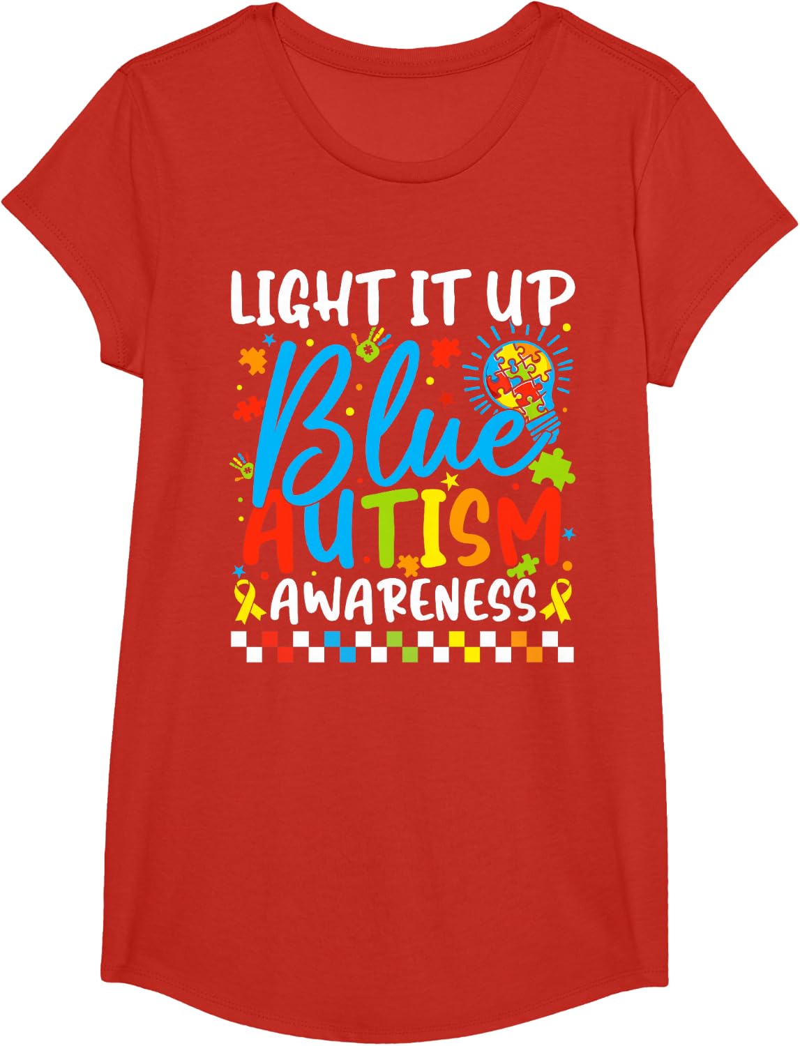 Light It Up Blue Autism Awareness Puzzle Men Women Kids T-Shirt - Girls Red
