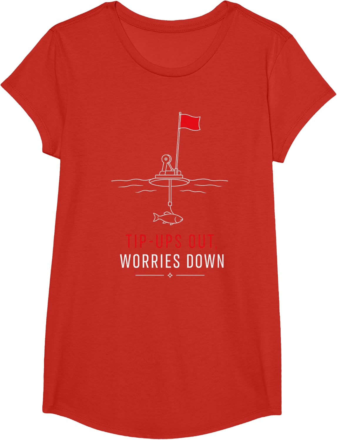 Ice Fishing Tip-Ups Worries Down T-Shirt - Girls Red