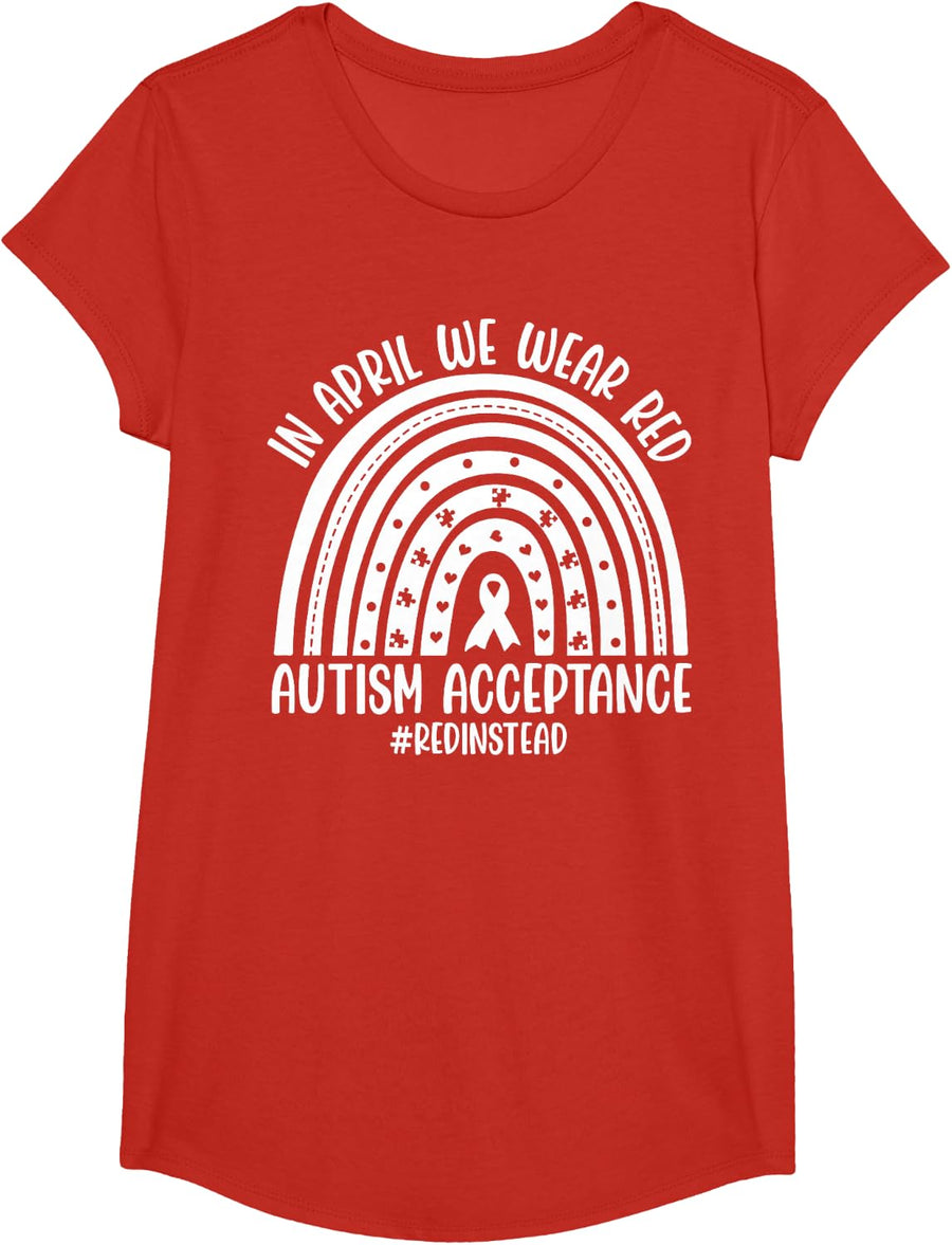 in April We Wear Red Cute Rainbow Ribbon Autism Awareness Tees T Shirts for Men Women Kids - Girls Red