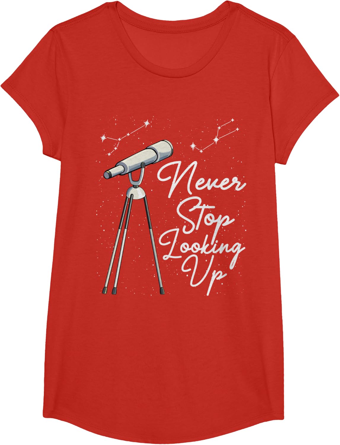 Never Stop Looking Up Binoculars Telescope Stars Galaxy Astro T-Shirt - Girls Red