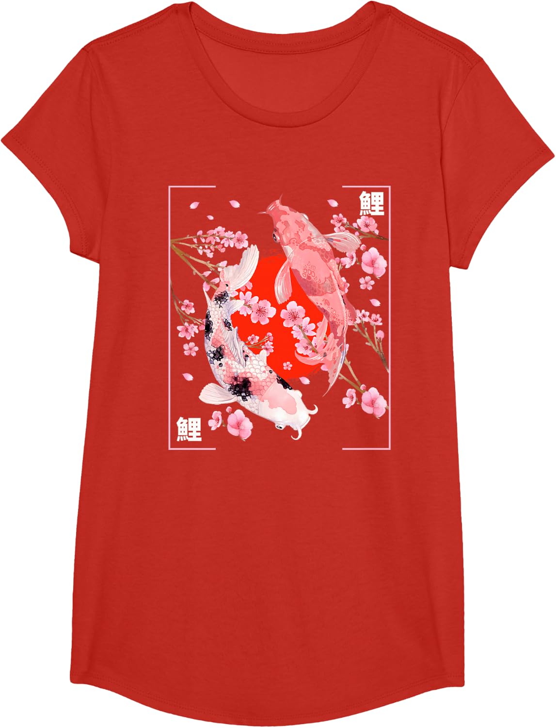 Japanese Cherry Blossom Koi Carp Fish Sakura Aesthetic Art Tees T-Shirts for Men and Women - Girls Red