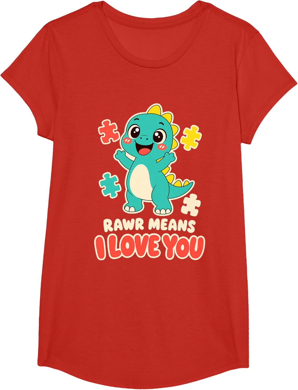 Autism Awareness Dinosaur Puzzle Piece Support T-Shirt - Girls Red