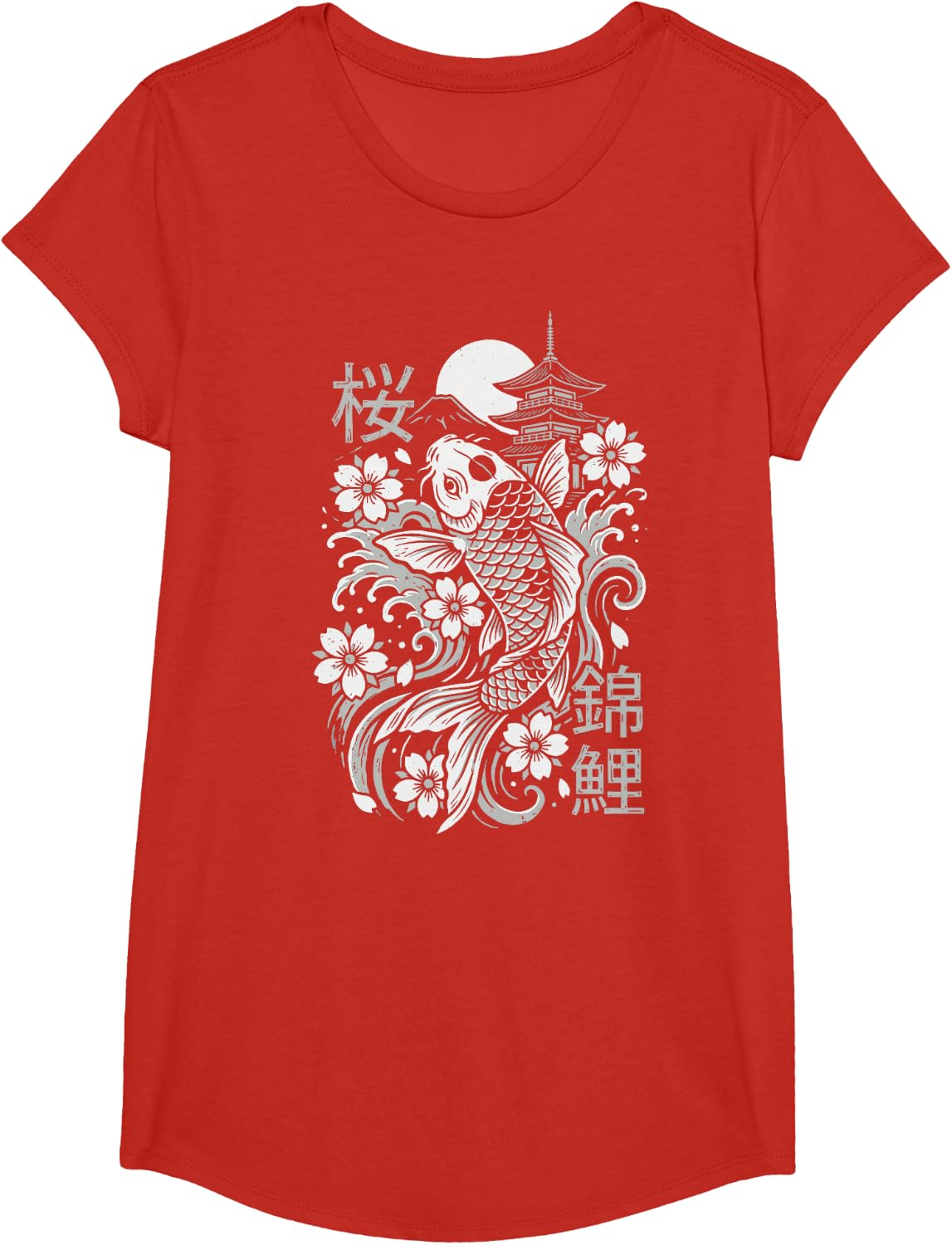 Koi Fish Sakura Japanese Art T-Shirt Tee for Men Women - Girls Red