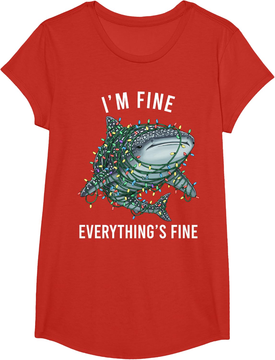 Whale Shark Christmas I'm Fine Everything is Fine T-Shirt - Girls Red