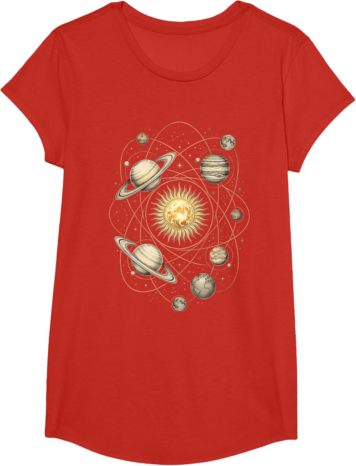 Vintage Solar System Celestial Orbits Engraving Art T-Shirt - Girls Red