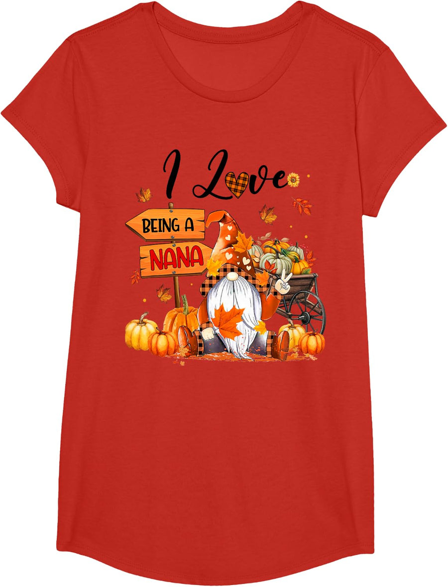 I Love Being A Nana Autumn Gnome Thanksgiving T-Shirt - Girls Red