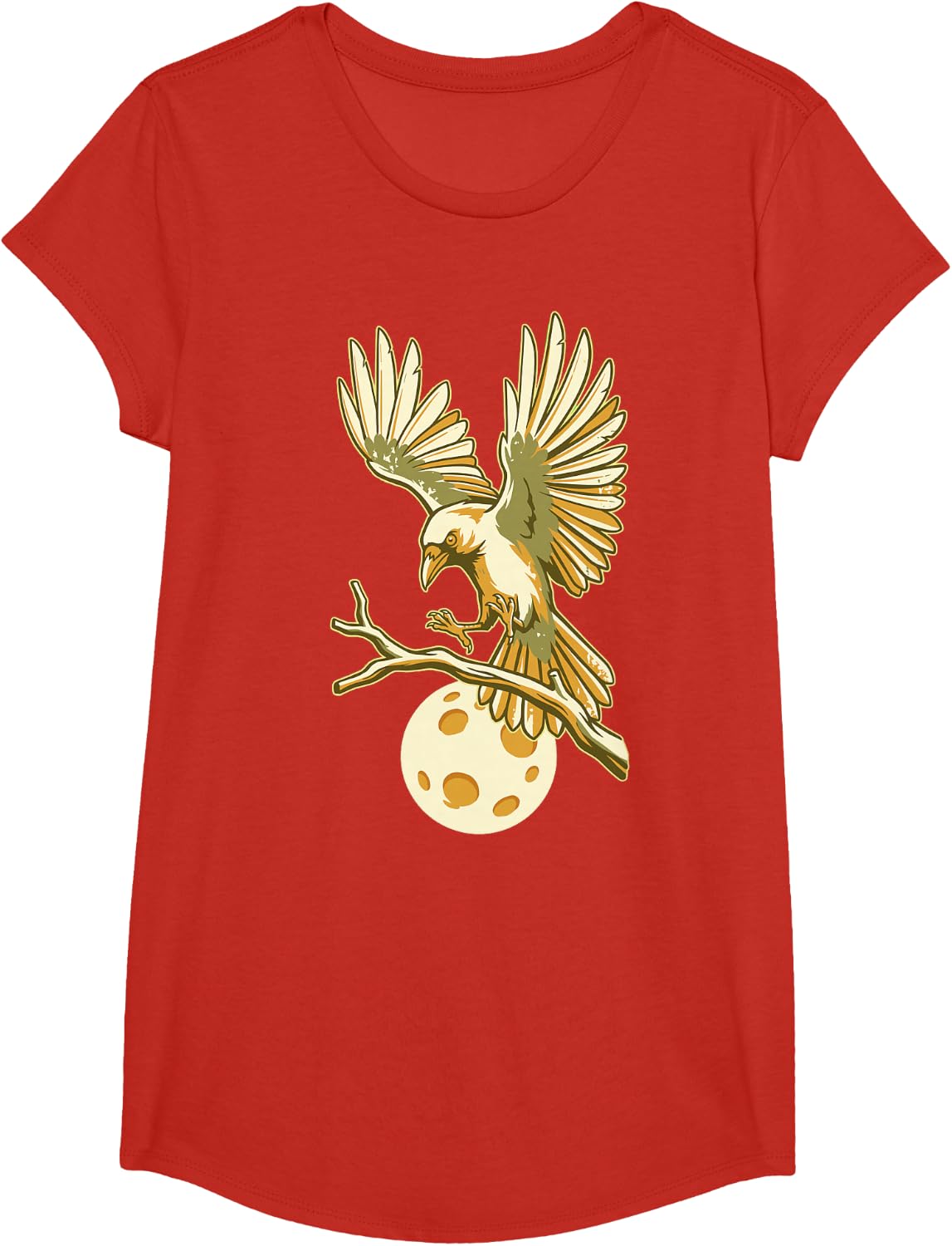 Raven On Moon Branch Funny Corvid Gothic Bird Lover Crow T-Shirt - Girls Red
