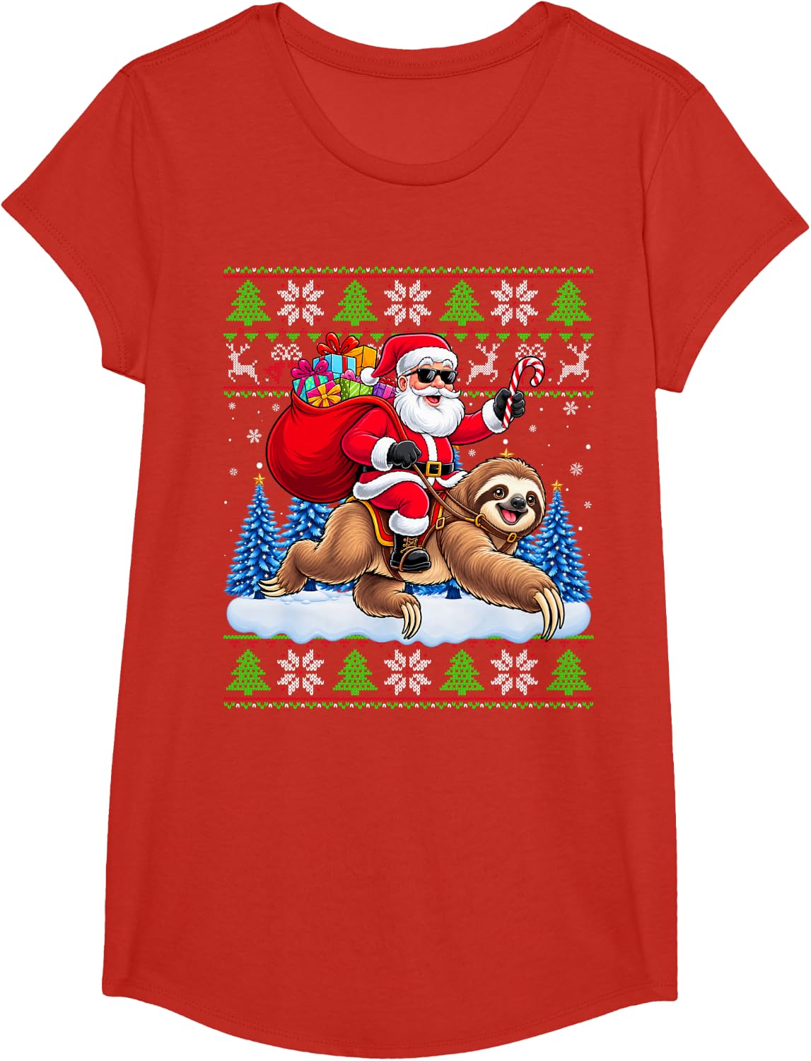 Santa Riding Sloth Animal Lovers Kids Boys Girls Xmas T-Shirt - Girls Red